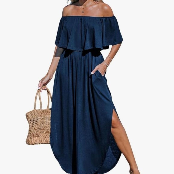 Ruffle Maxi Off Shoulder Split - Picture 1 of 8